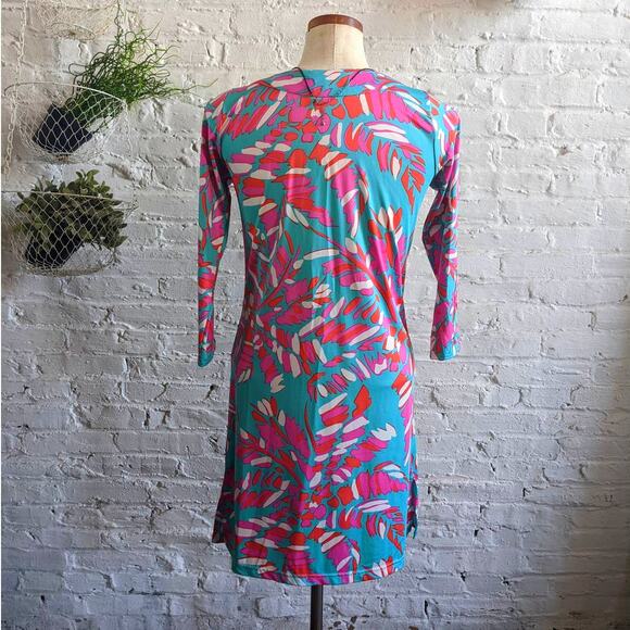 Groovy Vibrant Psychedelic Dress 70s Retro Teal & Pink Beachy Summer Shift Dress - Picture 5 of 8